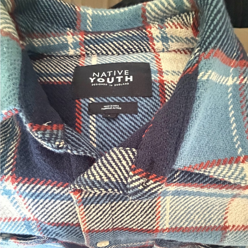 NATIVE YOUTH Blue and Navy Plaid Button-Down Shirt with Red Accents